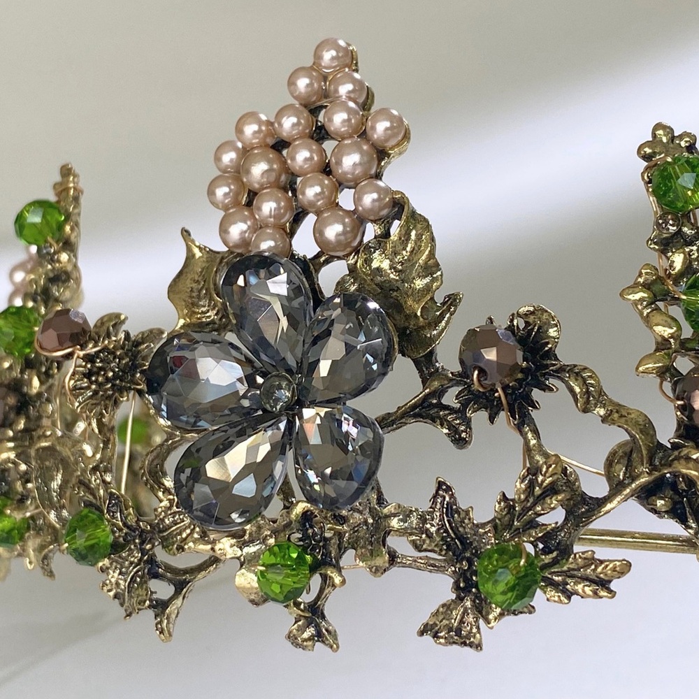 Elegant Floral Tiara with Green and Pearl Accents, Renaissance Faire Crown - Picture 2 of 6